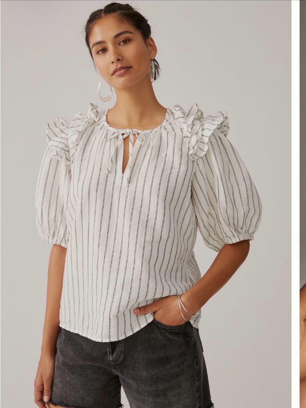 Anthropologie Striped Ruffle-Sleeve Tie-Neck Blouse in White